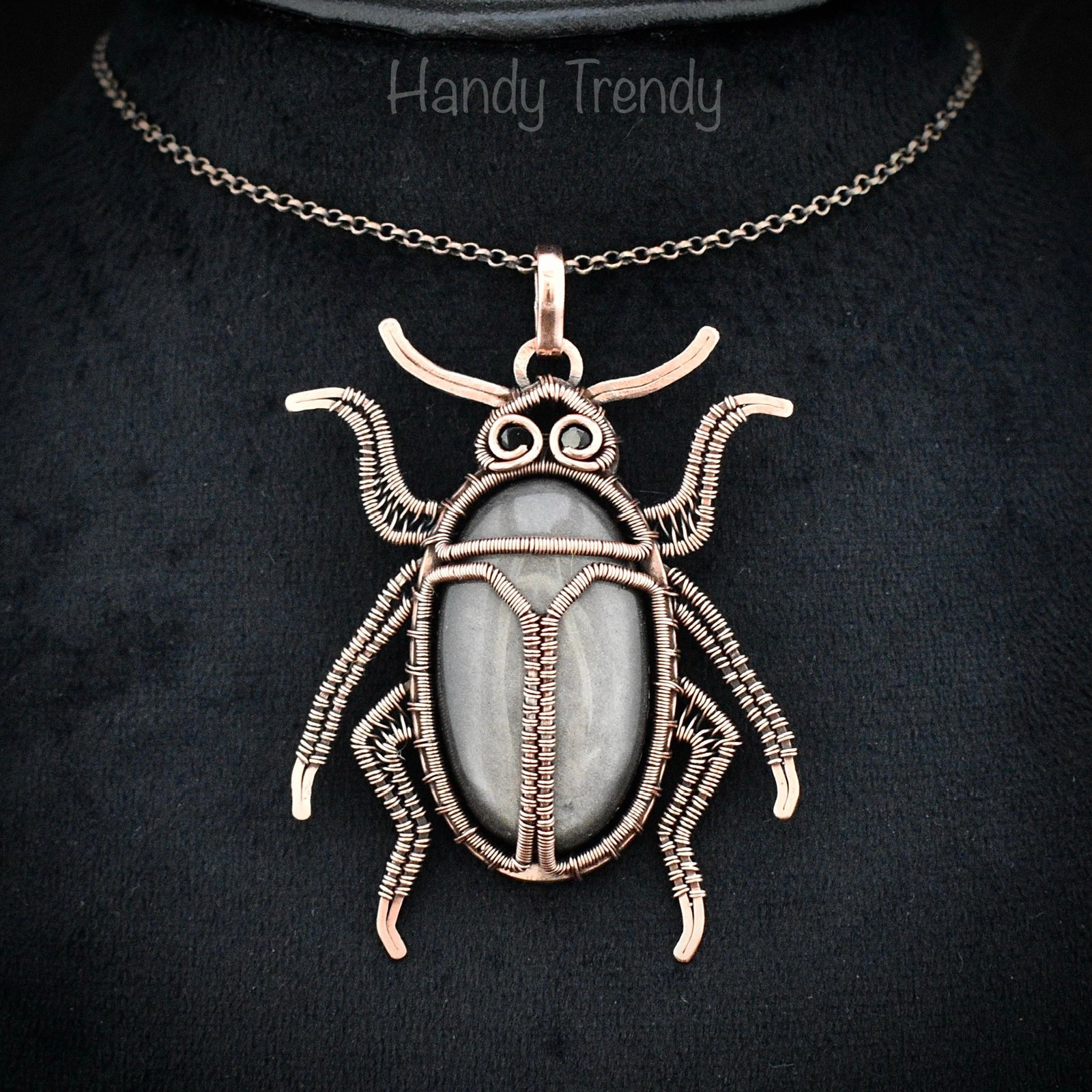 Beetle insect pendant, Silver obsidian and Copper wire wrapped animal necklace, Unique handmade Gift, One of a kind Artisan jewelry