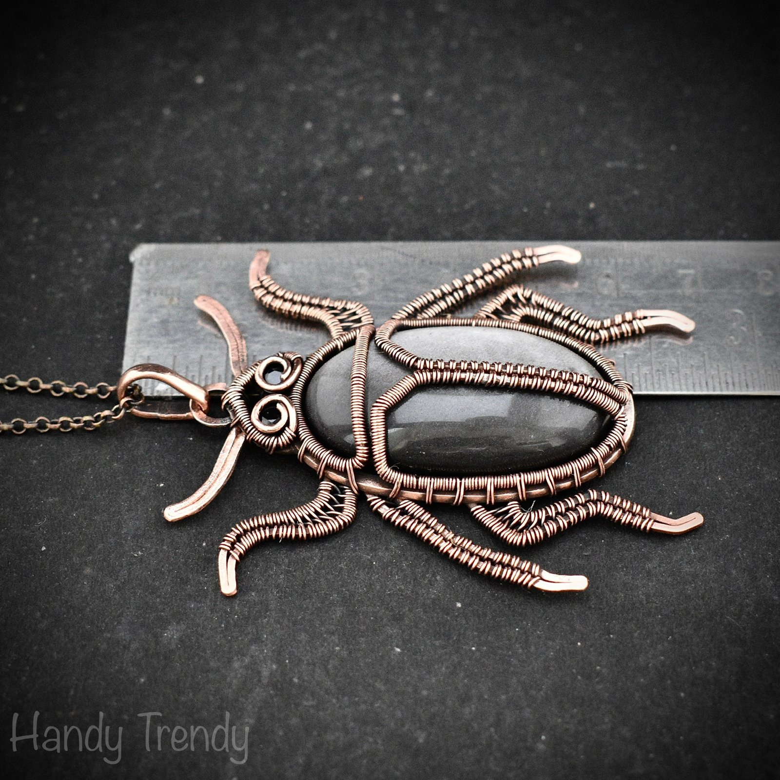 Beetle insect pendant, Silver obsidian and Copper wire wrapped animal necklace, Unique handmade Gift, One of a kind Artisan jewelry