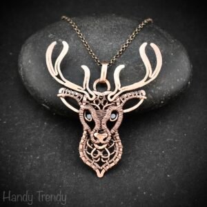 Deer pendant, Spinel stone and copper wire wrapped necklace, Wild animal jewelry, Unique handmade gift, One of a kind Artisan necklace