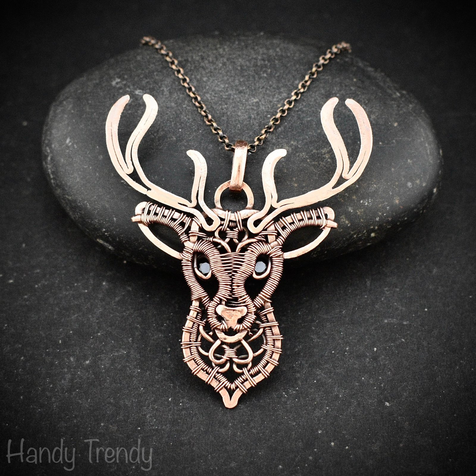 Deer pendant, Spinel stone and copper wire wrapped necklace, Wild animal jewelry, Unique handmade gift, One of a kind Artisan necklace