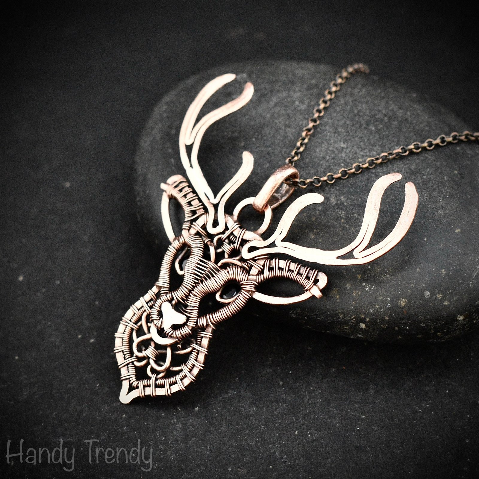 Deer pendant, Spinel stone and copper wire wrapped necklace, Wild animal jewelry, Unique handmade gift, One of a kind Artisan necklace