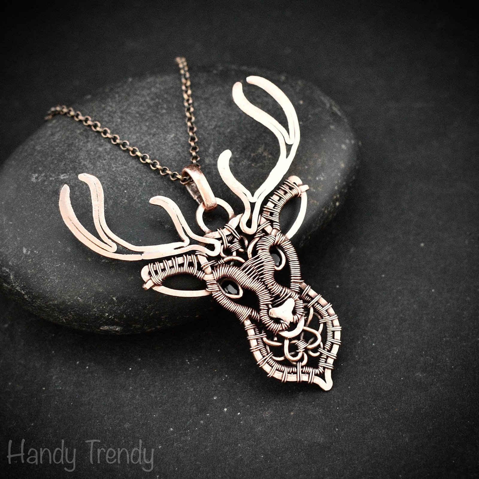 Deer pendant, Spinel stone and copper wire wrapped necklace, Wild animal jewelry, Unique handmade gift, One of a kind Artisan necklace