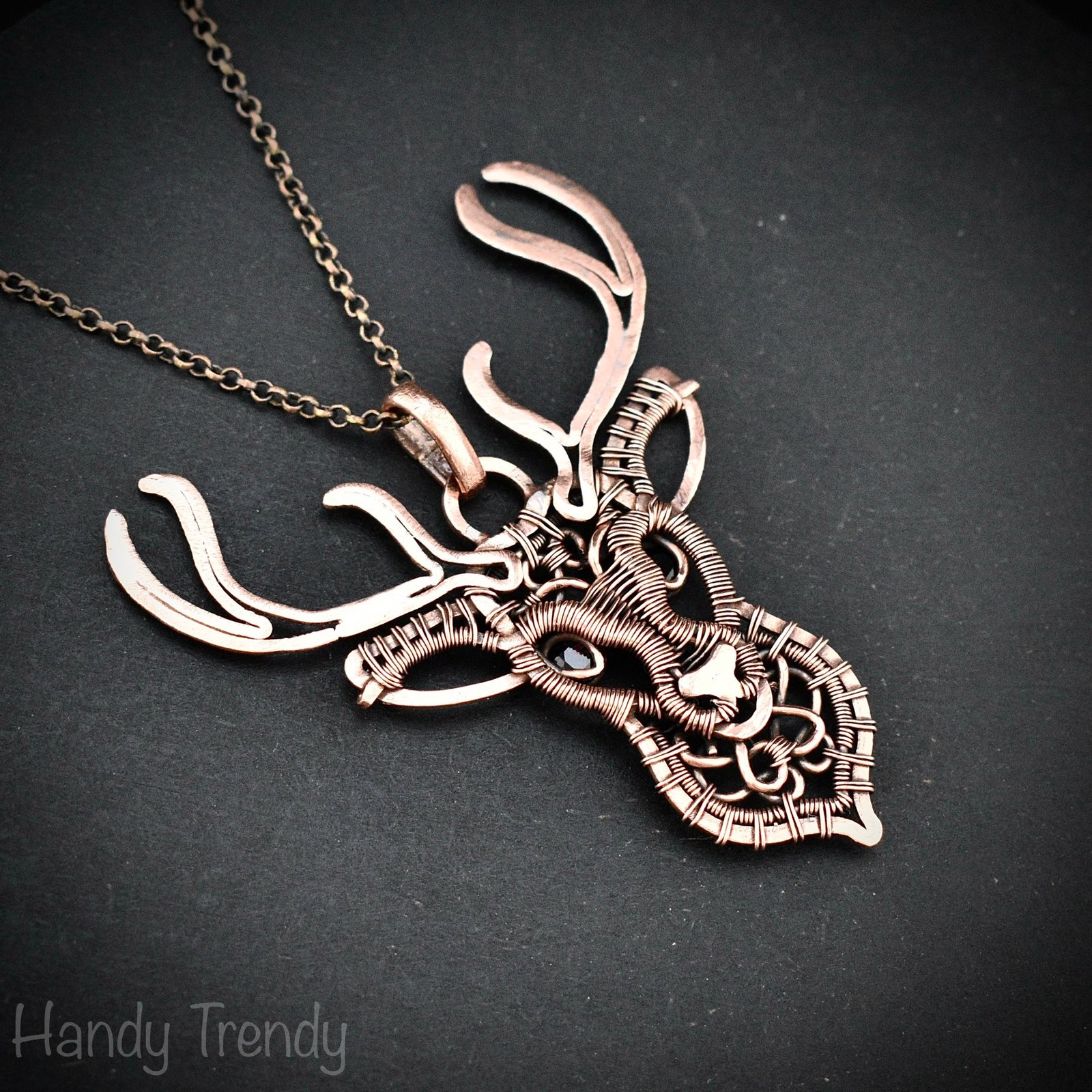 Deer pendant, Spinel stone and copper wire wrapped necklace, Wild animal jewelry, Unique handmade gift, One of a kind Artisan necklace
