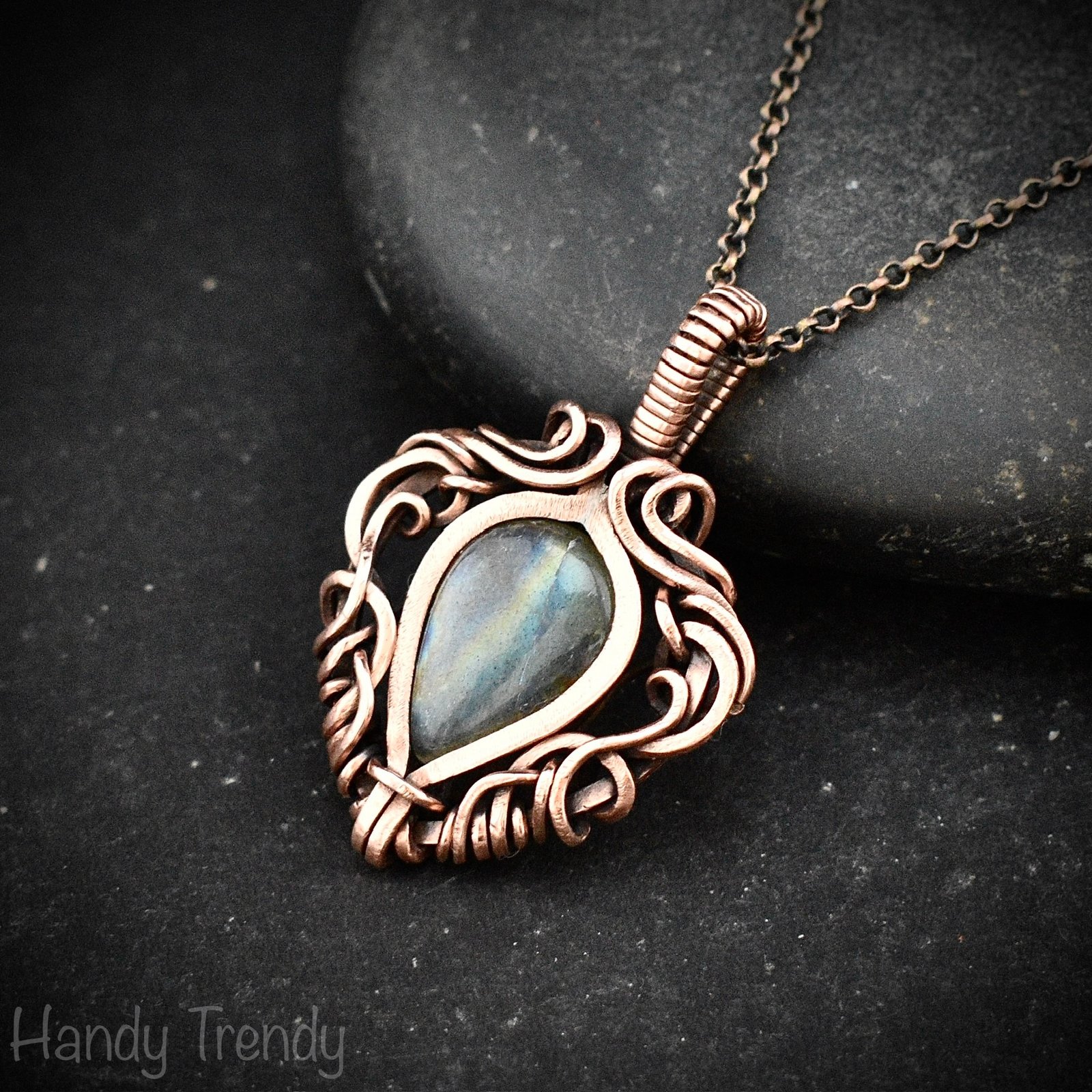 Multi flash labradorite pendant, Free flow copper Wire wrapped necklace, Unique handmade birthday gift, One of a kind Celtic necklace