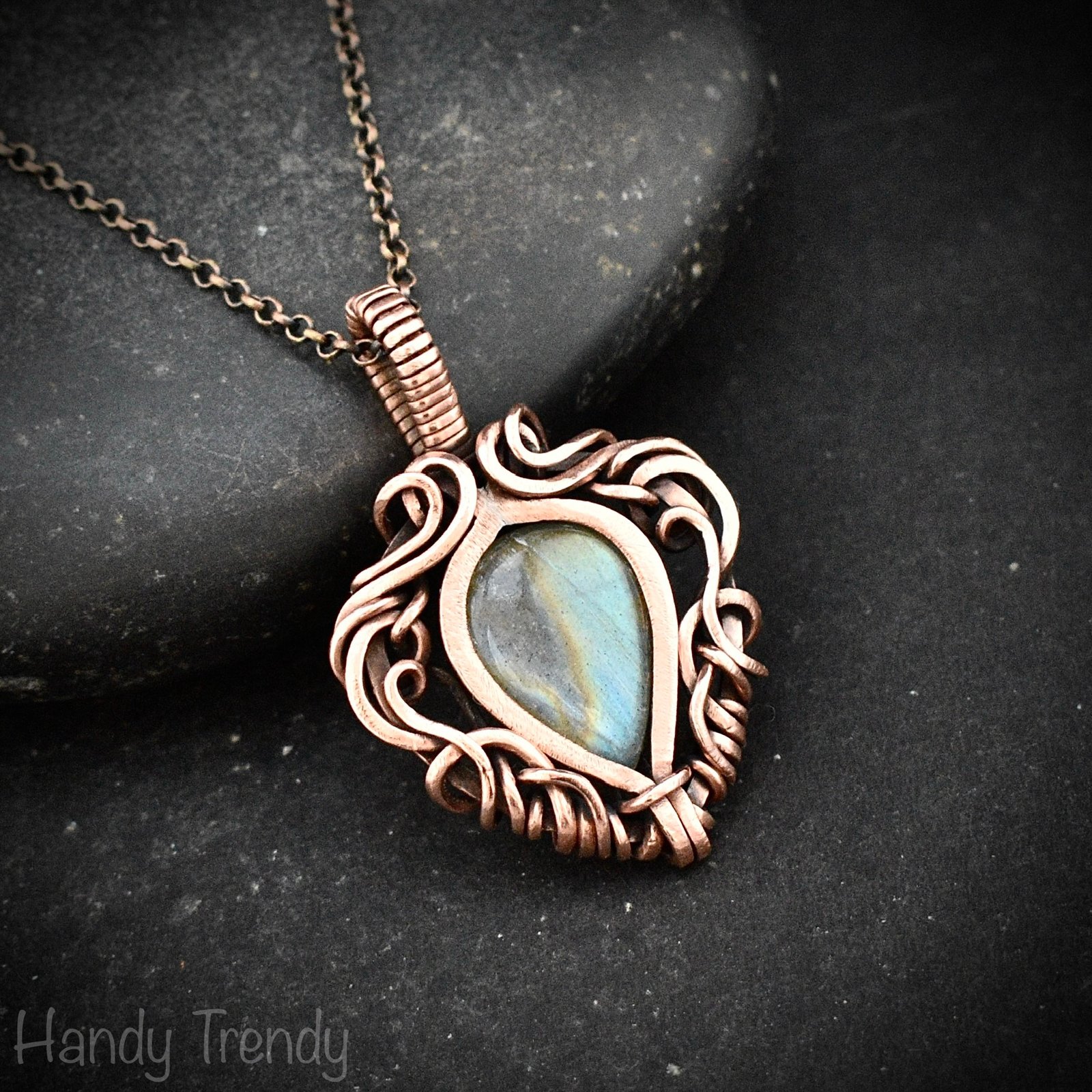 Multi flash labradorite pendant, Free flow copper Wire wrapped necklace, Unique handmade birthday gift, One of a kind Celtic necklace