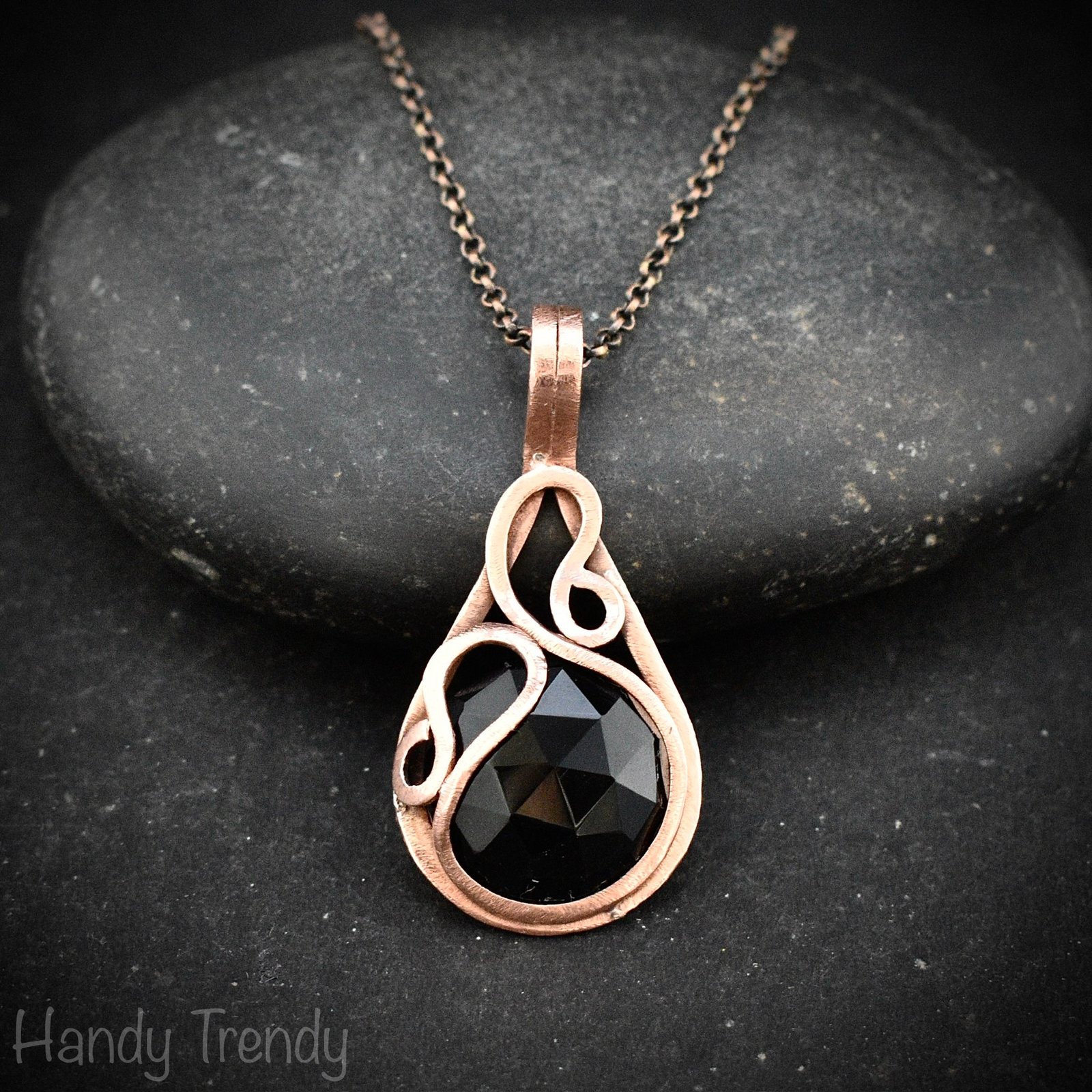 Black onyx pendant, Copper wire wrapped necklace, Unique handmade gift, One of a kind artisan boho jewelry, Small pendant
