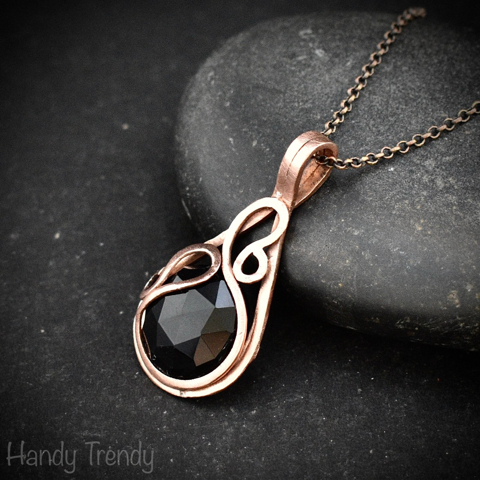 Black onyx pendant, Copper wire wrapped necklace, Unique handmade gift, One of a kind artisan boho jewelry, Small pendant
