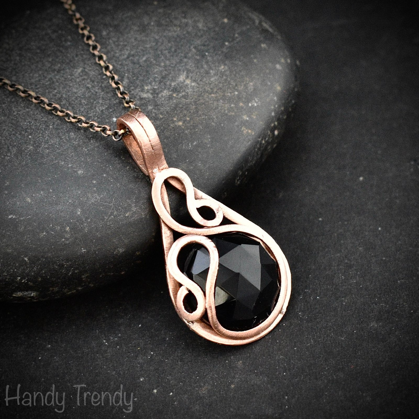 Black onyx pendant, Copper wire wrapped necklace, Unique handmade gift, One of a kind artisan boho jewelry, Small pendant