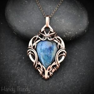 Blue labradorite pendant, Free flow copper Wire wrapped necklace, Unique handmade gift, One of a kind artisan jewelry