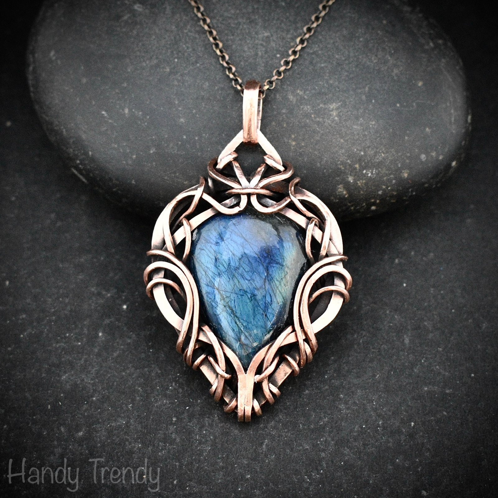 Blue labradorite pendant, Free flow copper Wire wrapped necklace, Unique handmade gift, One of a kind artisan jewelry