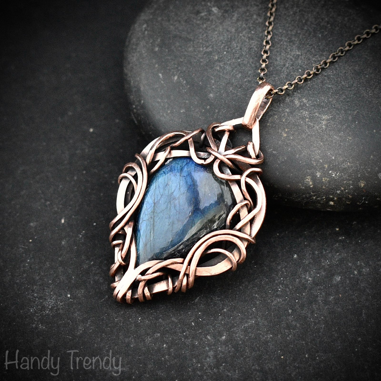Blue labradorite pendant, Free flow copper Wire wrapped necklace, Unique handmade gift, One of a kind artisan jewelry