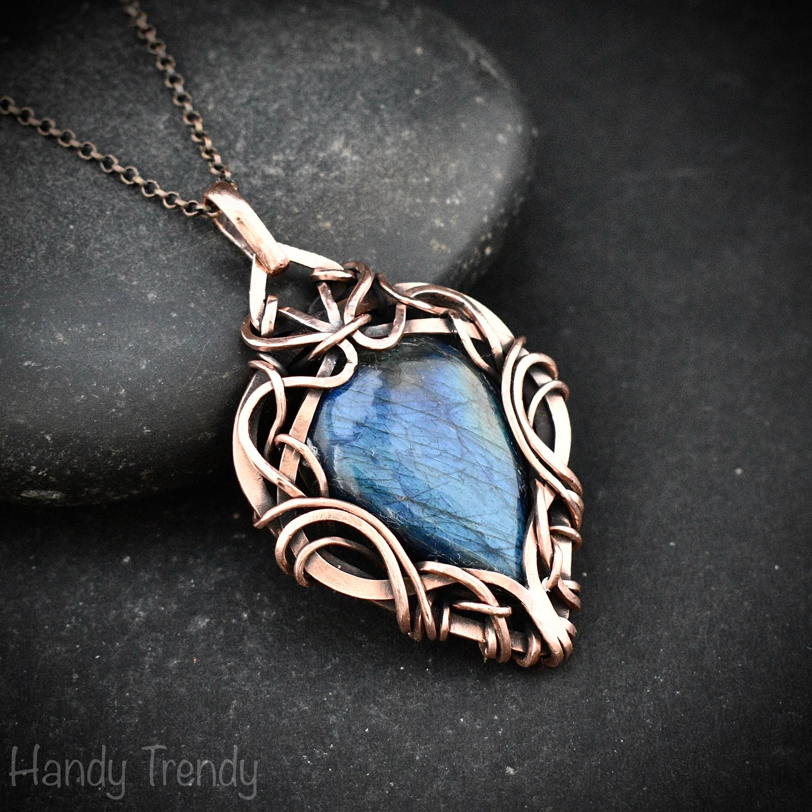 Blue labradorite pendant, Free flow copper Wire wrapped necklace, Unique handmade gift, One of a kind artisan jewelry
