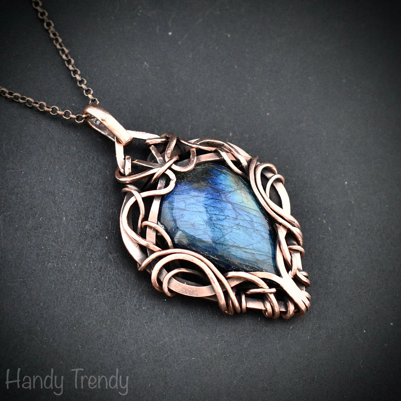 Blue labradorite pendant, Free flow copper Wire wrapped necklace, Unique handmade gift, One of a kind artisan jewelry