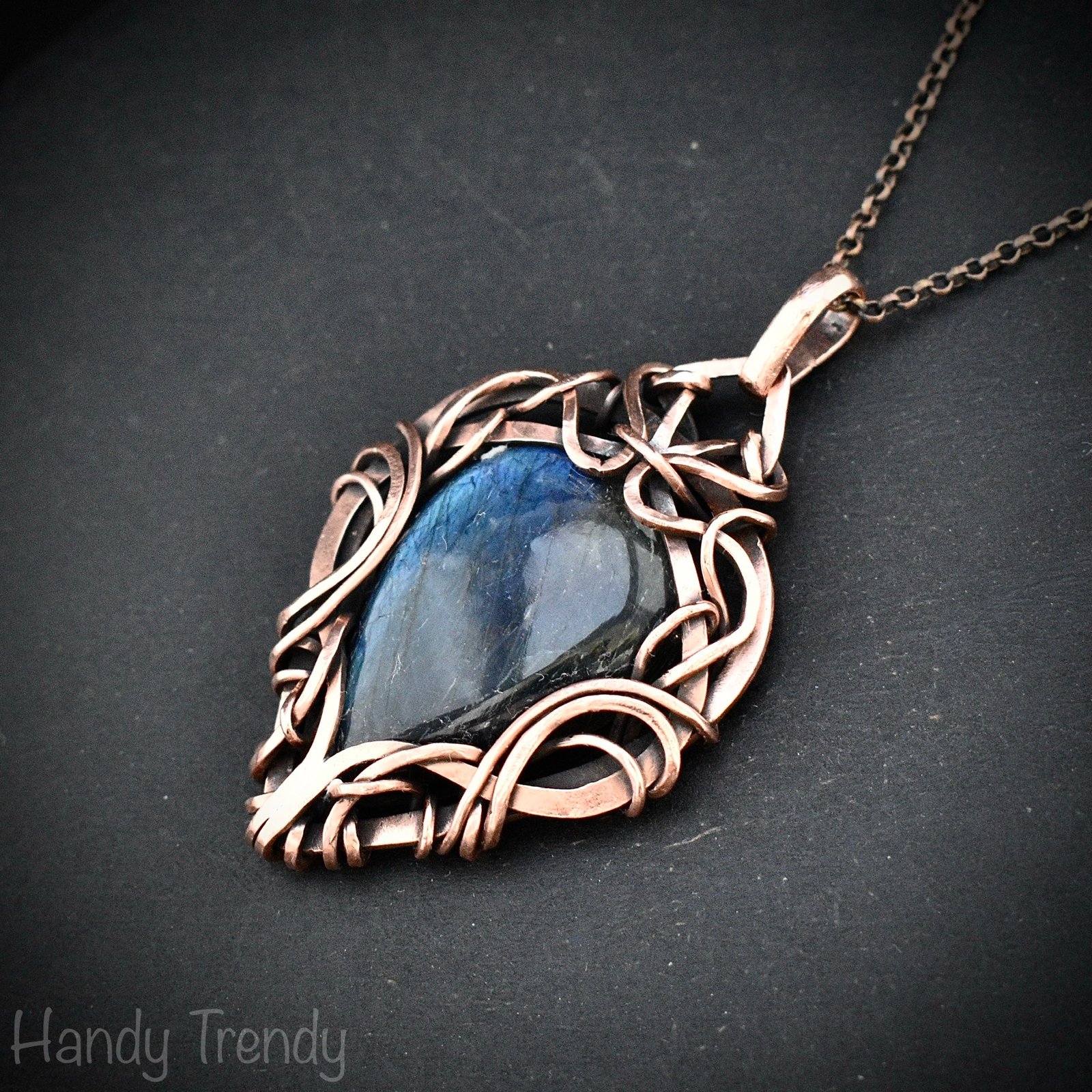Blue labradorite pendant, Free flow copper Wire wrapped necklace, Unique handmade gift, One of a kind artisan jewelry