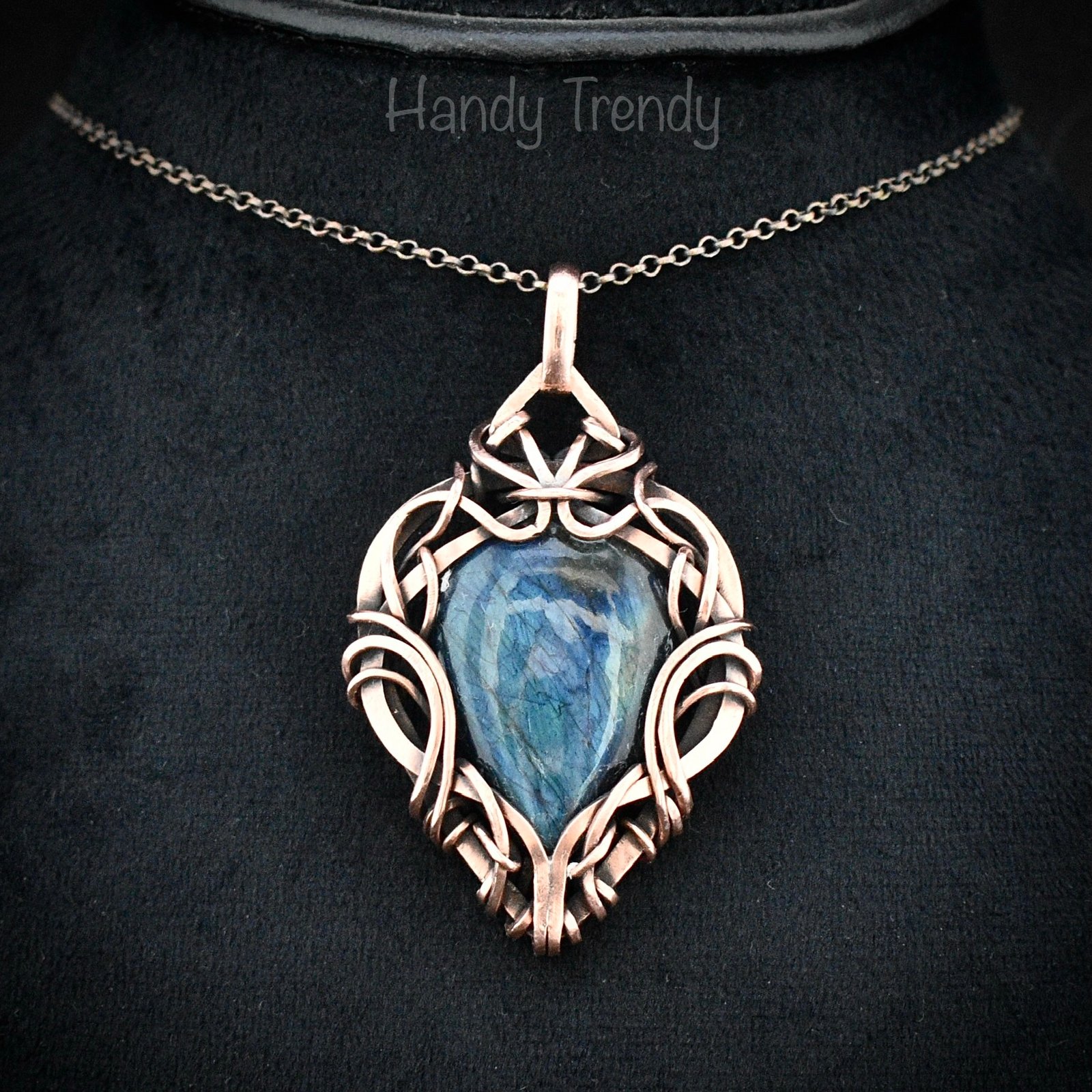 Blue labradorite pendant, Free flow copper Wire wrapped necklace, Unique handmade gift, One of a kind artisan jewelry