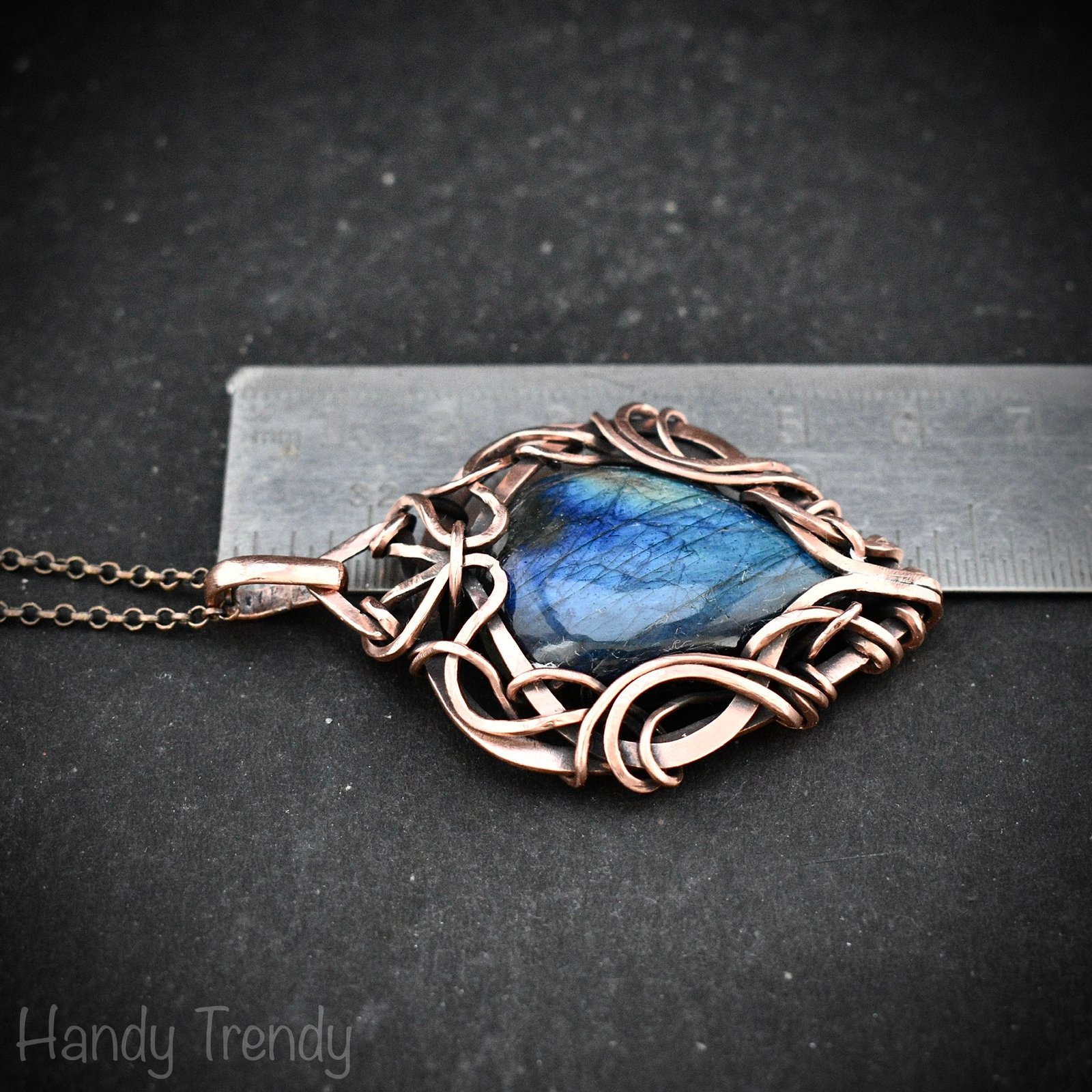 Blue labradorite pendant, Free flow copper Wire wrapped necklace, Unique handmade gift, One of a kind artisan jewelry