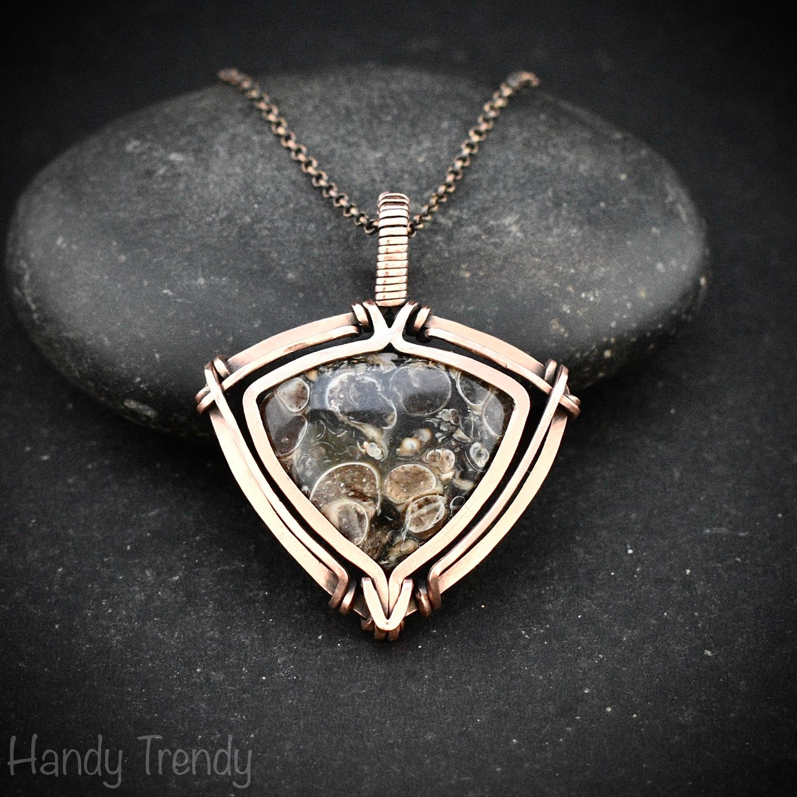 Turritella fossil pendant, Free-flow Copper wire wrap necklace, Unique handmade gift, Artisan necklace, One of a kind piece, Brown necklace