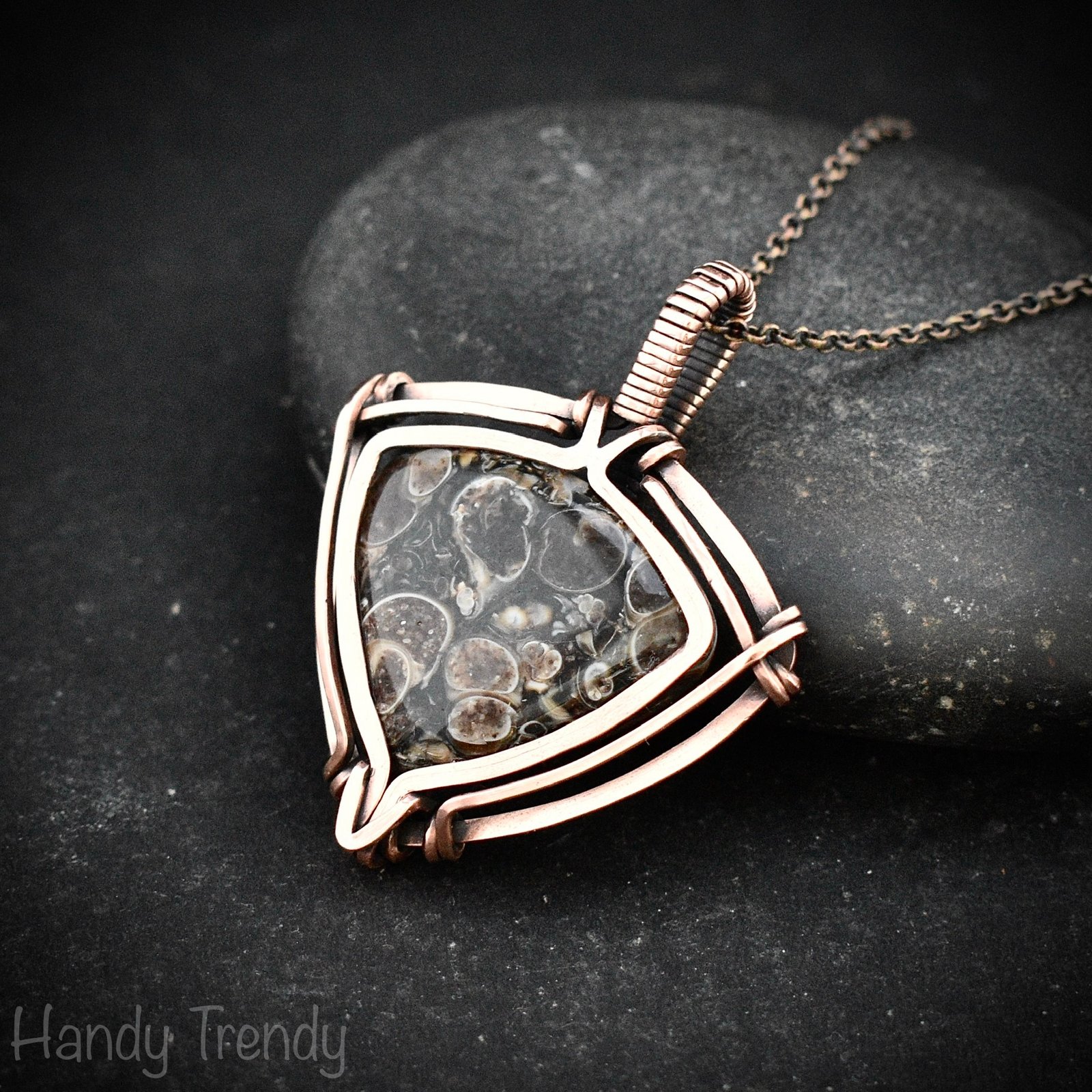 Turritella fossil pendant, Free-flow Copper wire wrap necklace, Unique handmade gift, Artisan necklace, One of a kind piece, Brown necklace