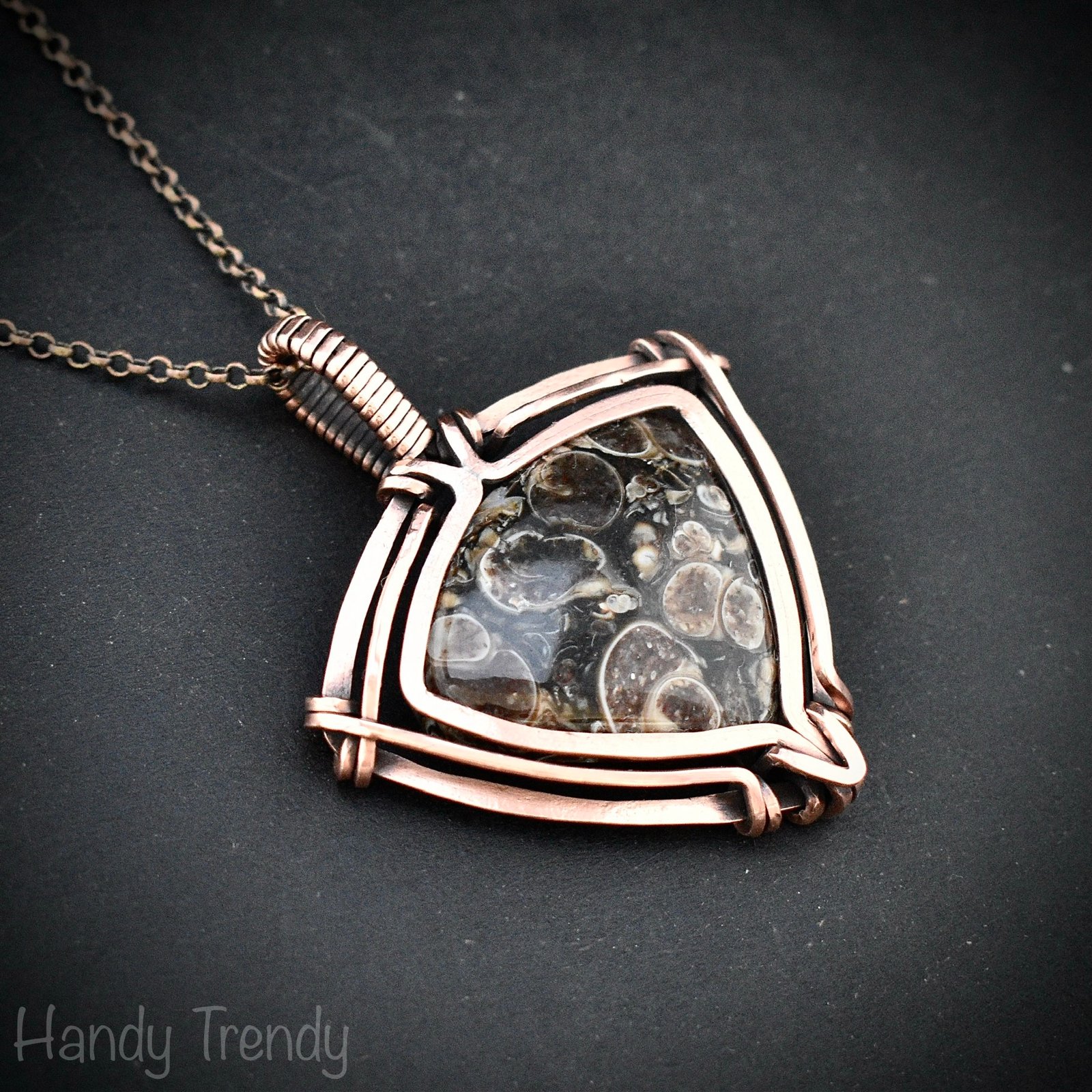 Turritella fossil pendant, Free-flow Copper wire wrap necklace, Unique handmade gift, Artisan necklace, One of a kind piece, Brown necklace