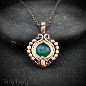 Green onyx pendant, Free-flow copper wire wrapped necklace, Unique handmade gift, One of a kind artisan boho jewelry