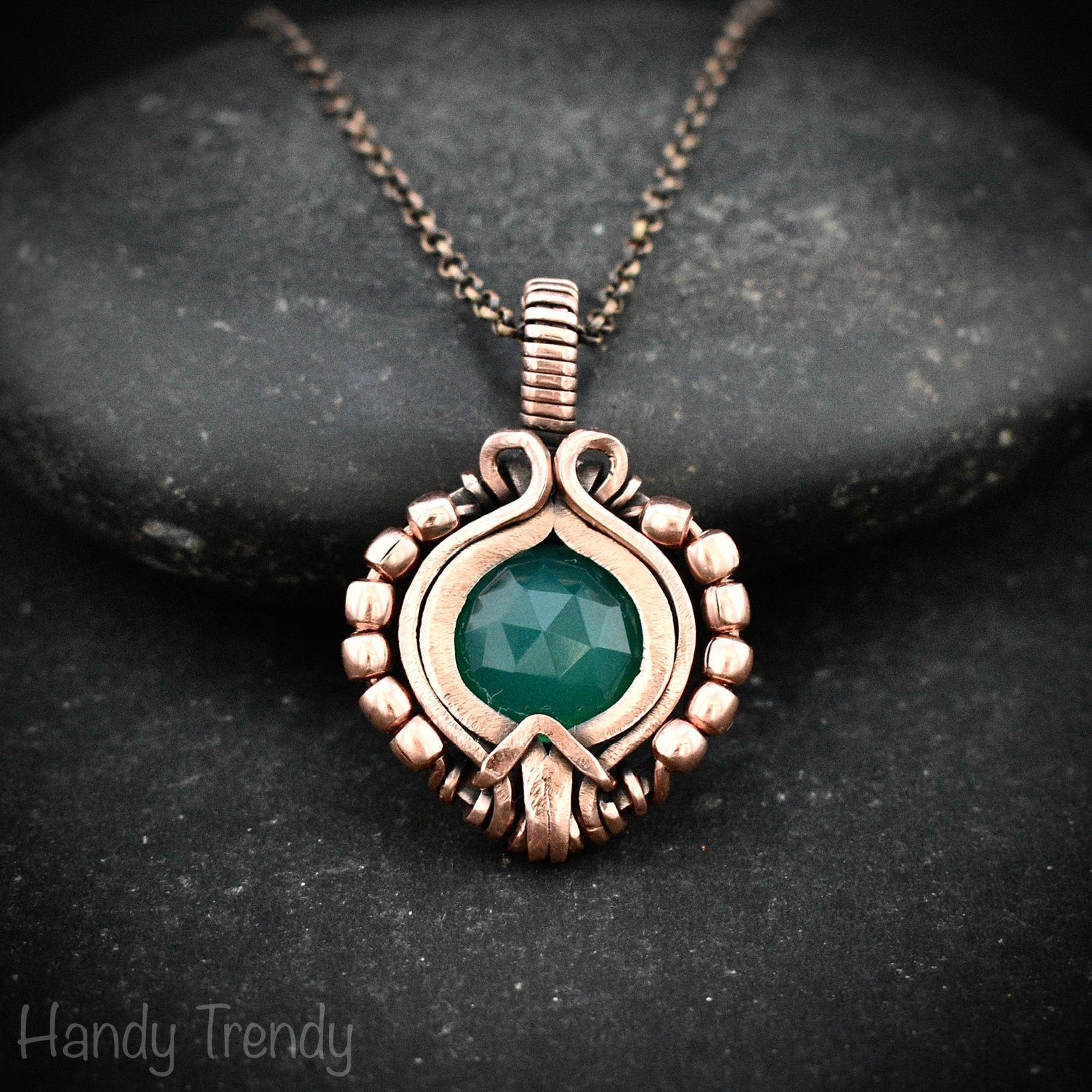 Green onyx pendant, Free-flow copper wire wrapped necklace, Unique handmade gift, One of a kind artisan boho jewelry
