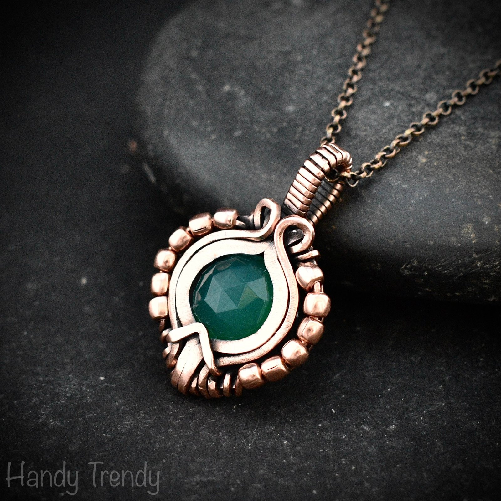 Green onyx pendant, Free-flow copper wire wrapped necklace, Unique handmade gift, One of a kind artisan boho jewelry