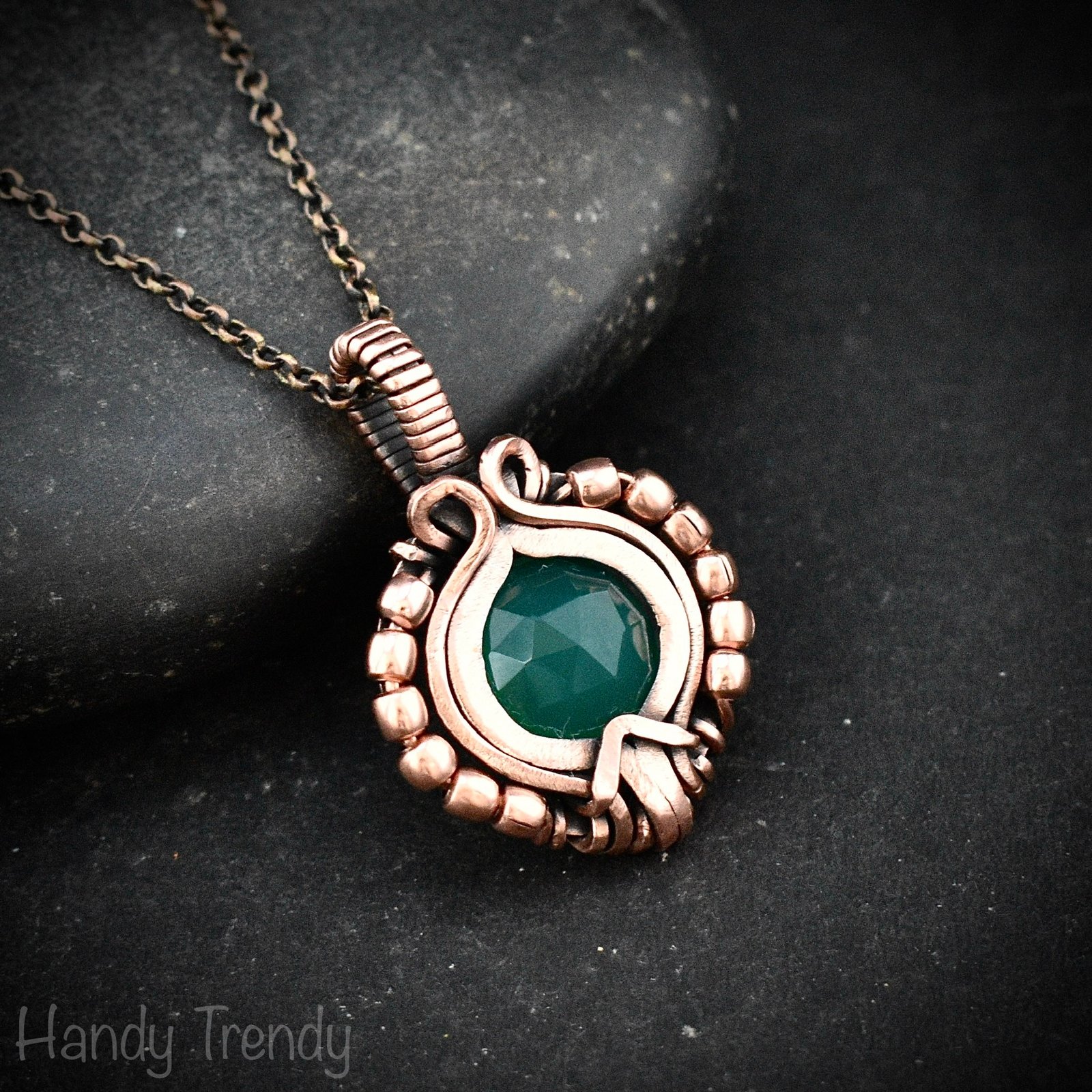 Green onyx pendant, Free-flow copper wire wrapped necklace, Unique handmade gift, One of a kind artisan boho jewelry