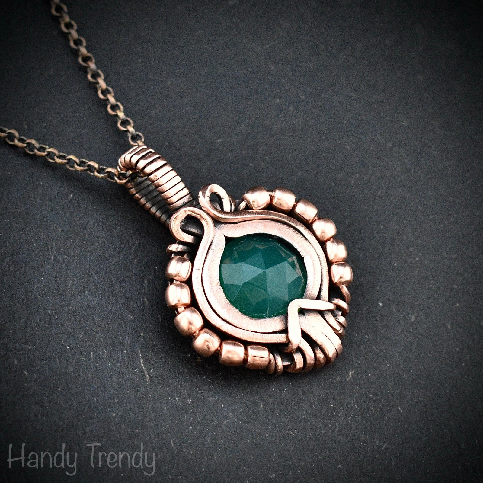 Green onyx pendant, Free-flow copper wire wrapped necklace, Unique handmade gift, One of a kind artisan boho jewelry
