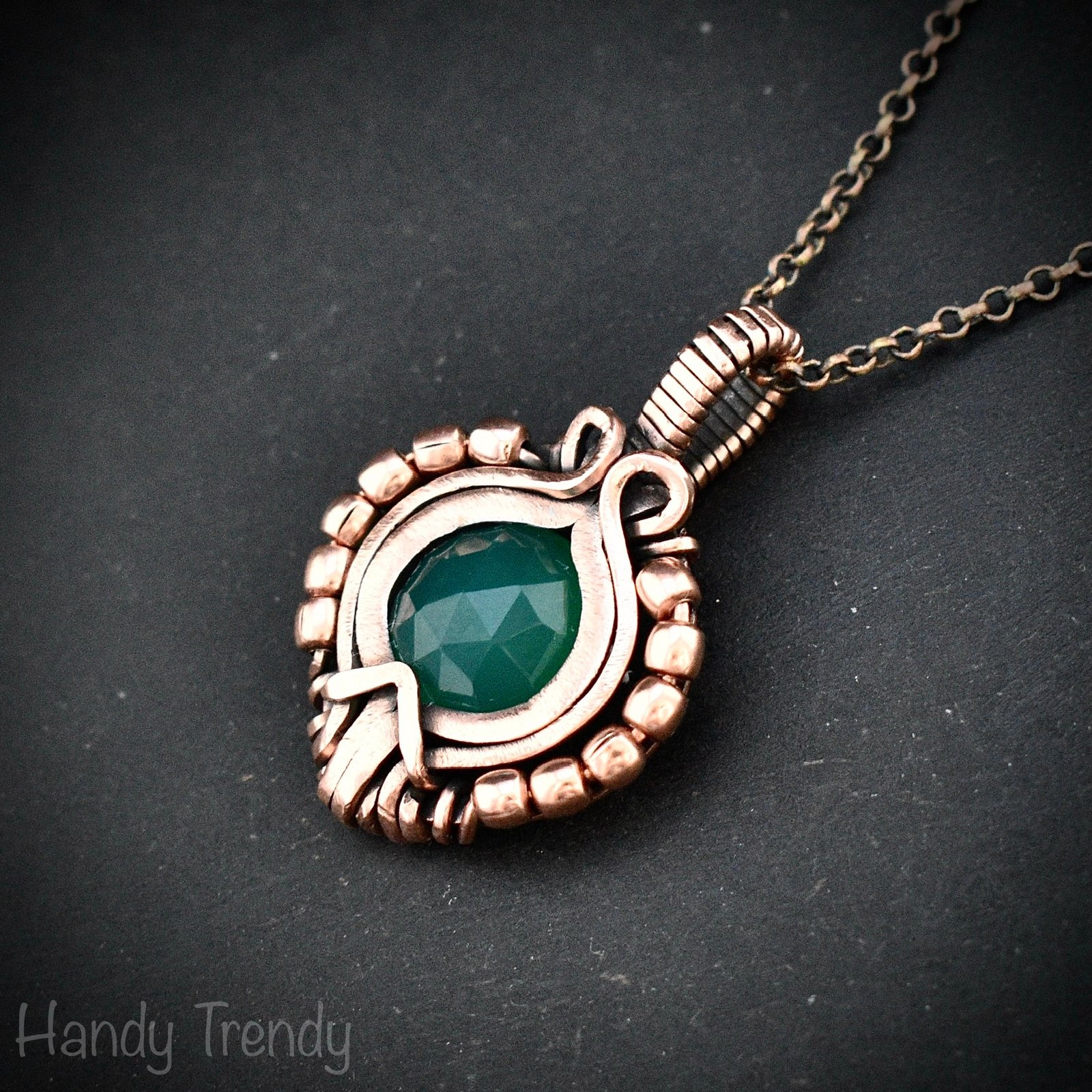 Green onyx pendant, Free-flow copper wire wrapped necklace, Unique handmade gift, One of a kind artisan boho jewelry