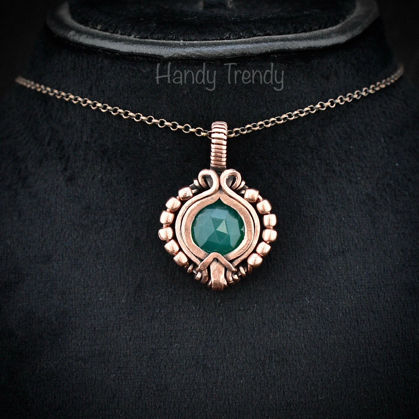 Green onyx pendant, Free-flow copper wire wrapped necklace, Unique handmade gift, One of a kind artisan boho jewelry