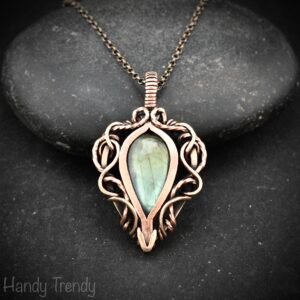 Green labradorite pendant, Free flow copper Wire wrapped necklace, Unique handmade birthday gift, One of a kind jewelry, Celtic necklace