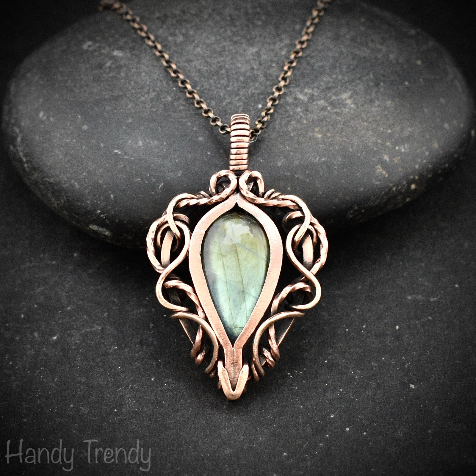 Green labradorite pendant, Free flow copper Wire wrapped necklace, Unique handmade birthday gift, One of a kind jewelry, Celtic necklace