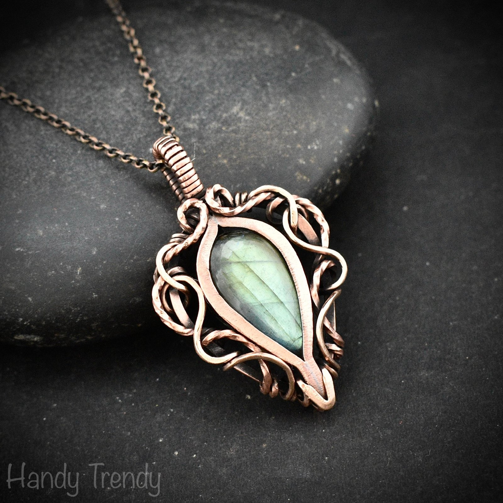Green labradorite pendant, Free flow copper Wire wrapped necklace, Unique handmade birthday gift, One of a kind jewelry, Celtic necklace