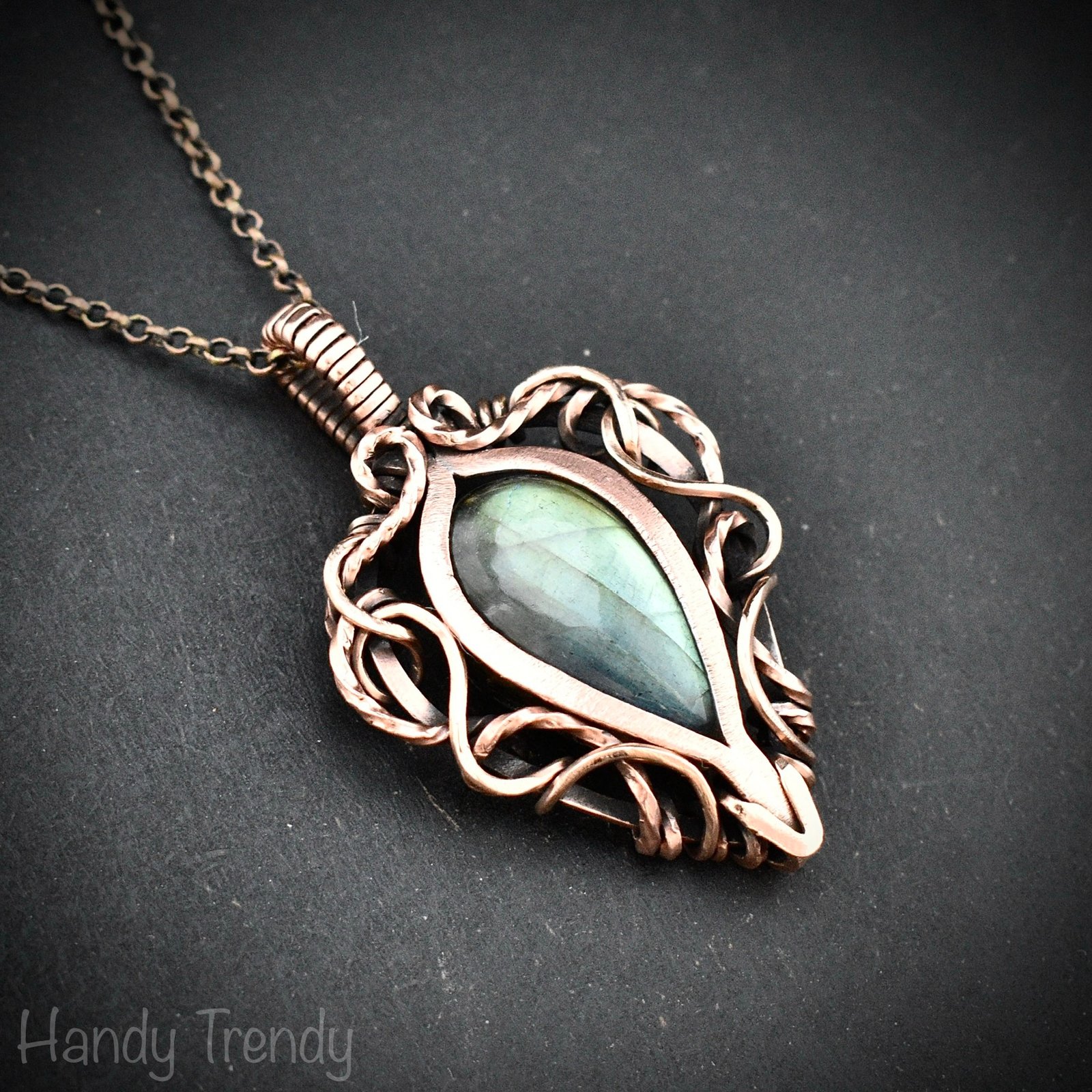 Green labradorite pendant, Free flow copper Wire wrapped necklace, Unique handmade birthday gift, One of a kind jewelry, Celtic necklace