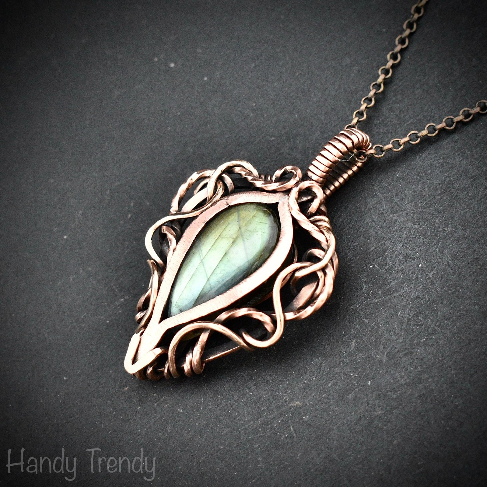 Green labradorite pendant, Free flow copper Wire wrapped necklace, Unique handmade birthday gift, One of a kind jewelry, Celtic necklace