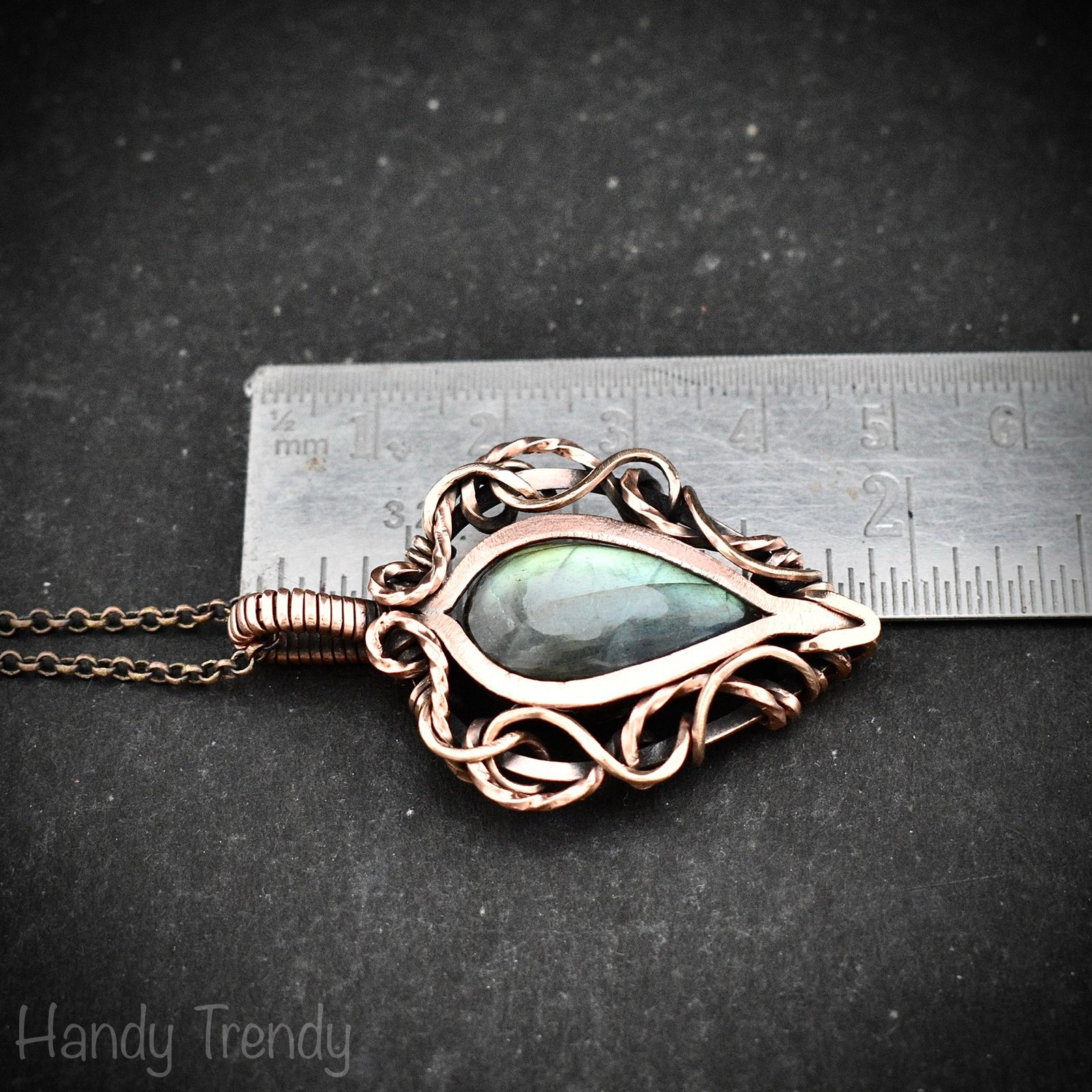 Green labradorite pendant, Free flow copper Wire wrapped necklace, Unique handmade birthday gift, One of a kind jewelry, Celtic necklace