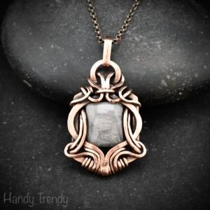 Silver obsidian pendant, Free-Flow copper wire wrapped necklace, Unique handmade gift, One of a kind artisan boho jewelry