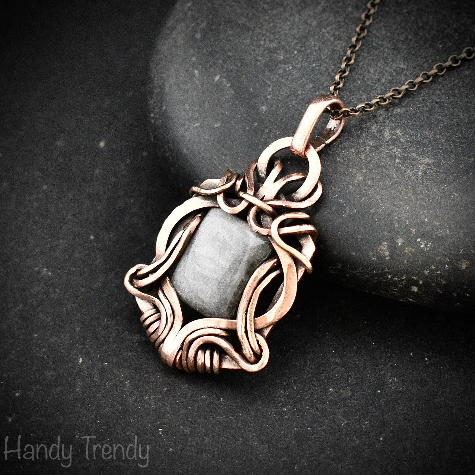 Silver obsidian pendant, Free-Flow copper wire wrapped necklace, Unique handmade gift, One of a kind artisan boho jewelry
