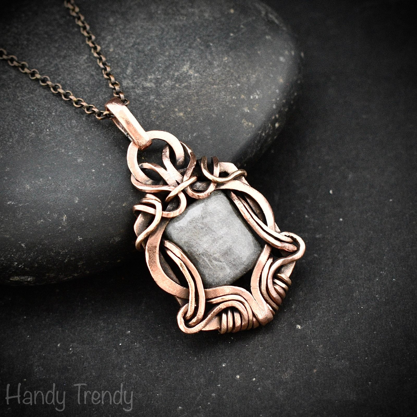 Silver obsidian pendant, Free-Flow copper wire wrapped necklace, Unique handmade gift, One of a kind artisan boho jewelry