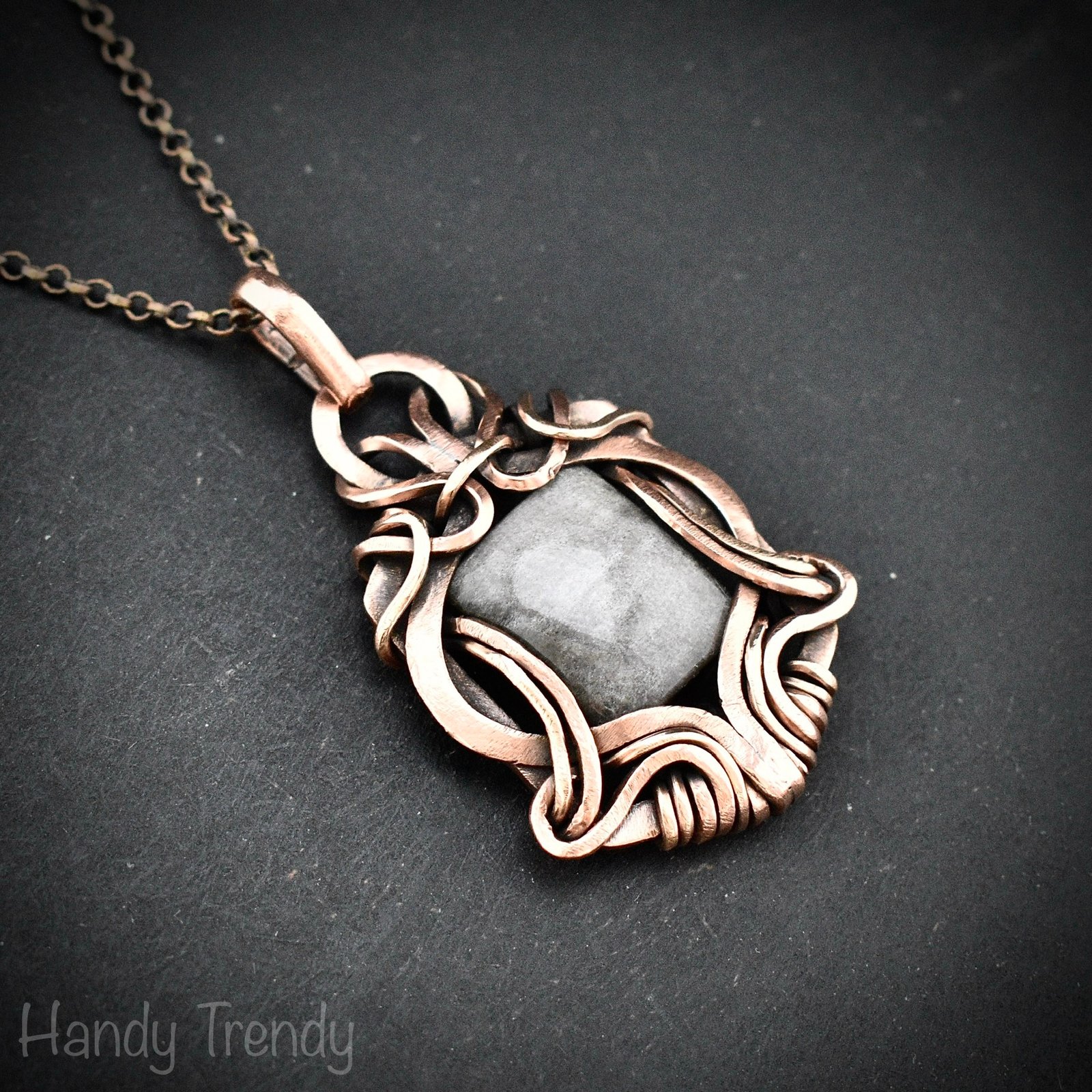 Silver obsidian pendant, Free-Flow copper wire wrapped necklace, Unique handmade gift, One of a kind artisan boho jewelry