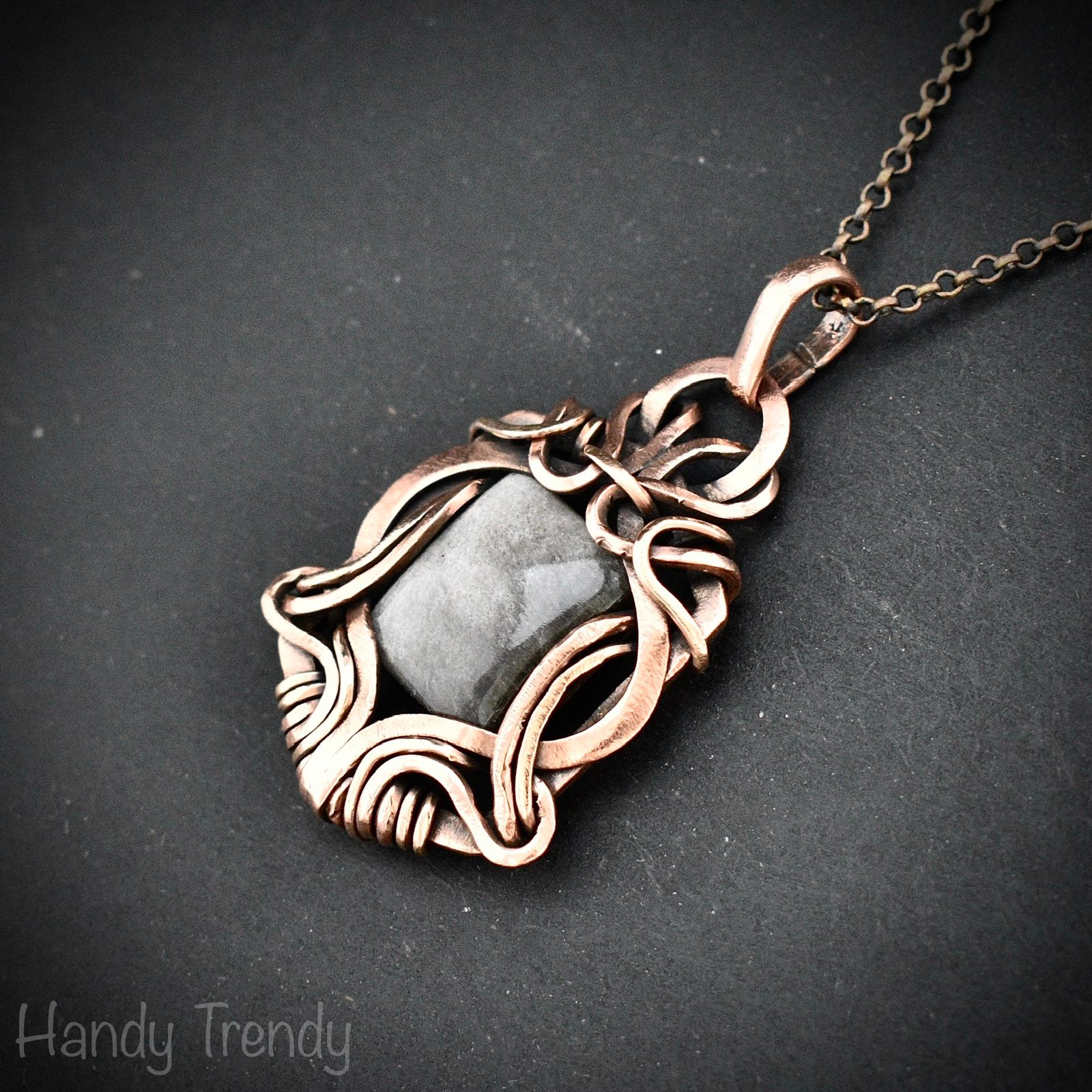 Silver obsidian pendant, Free-Flow copper wire wrapped necklace, Unique handmade gift, One of a kind artisan boho jewelry