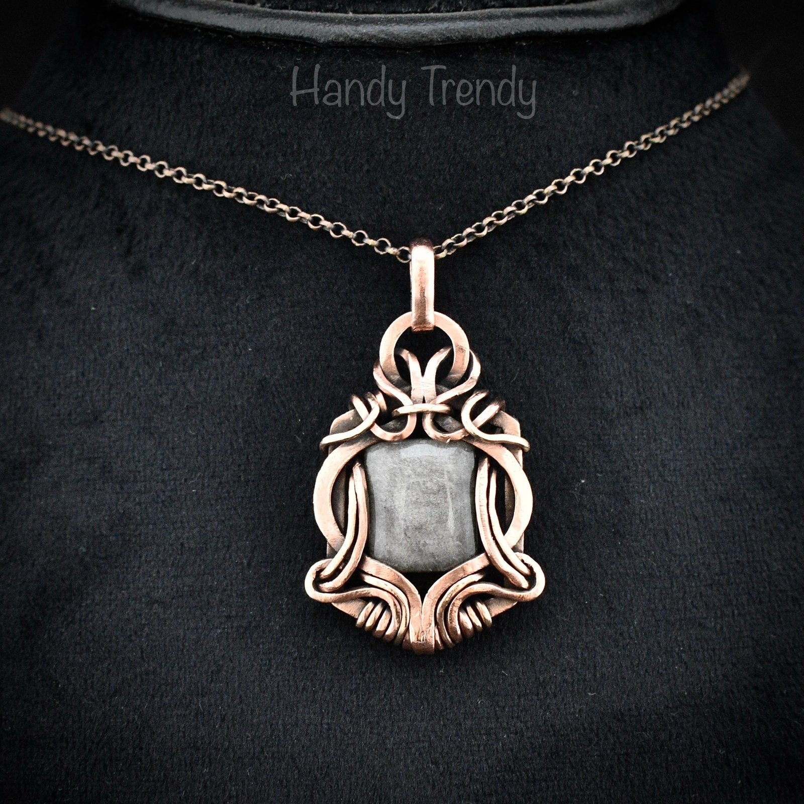 Silver obsidian pendant, Free-Flow copper wire wrapped necklace, Unique handmade gift, One of a kind artisan boho jewelry