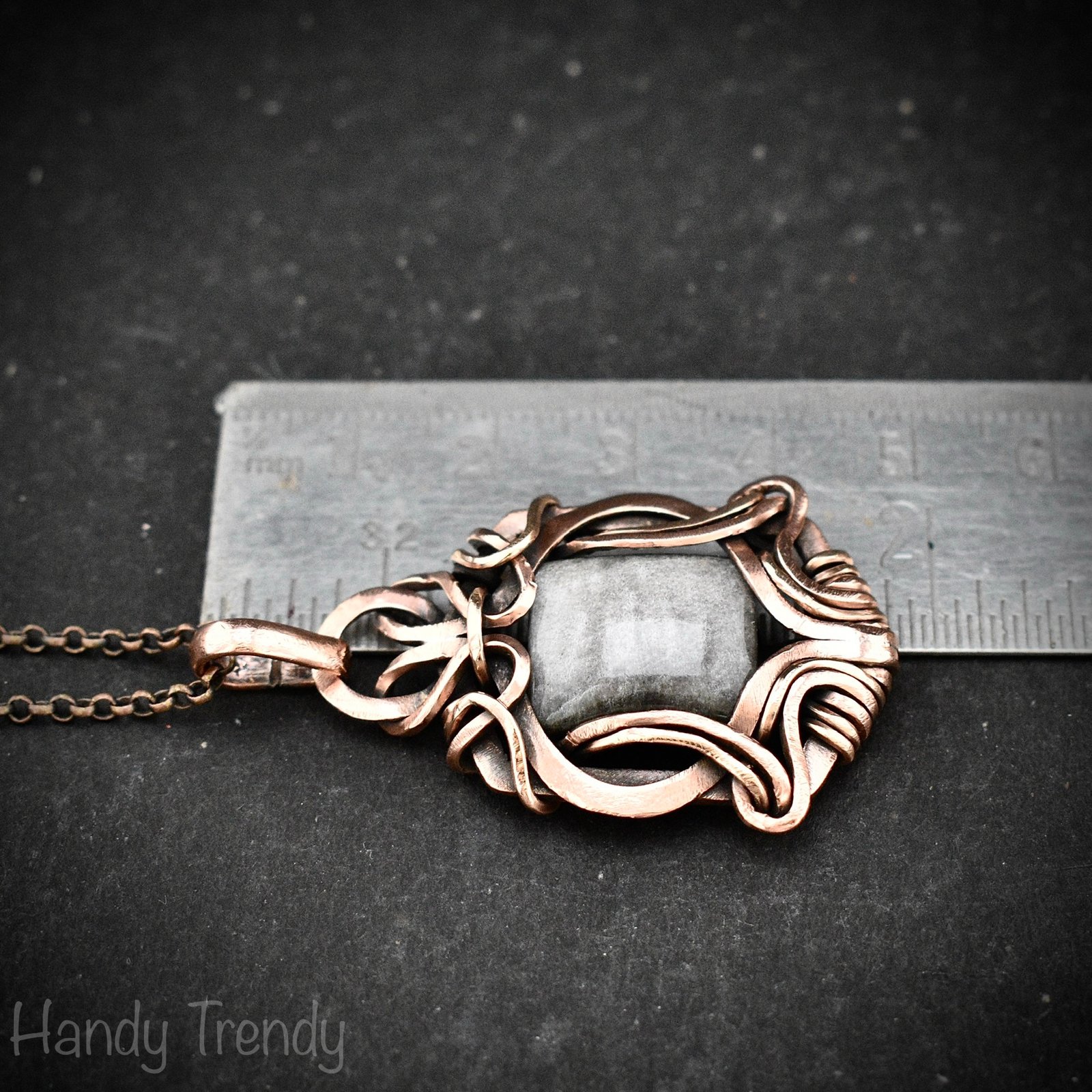 Silver obsidian pendant, Free-Flow copper wire wrapped necklace, Unique handmade gift, One of a kind artisan boho jewelry