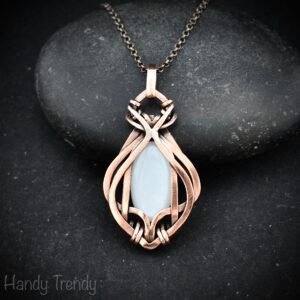 White moonstone pendant, Free-Flow copper wire wrapped necklace, Unique handmade gift, One of a kind artisan boho jewelry