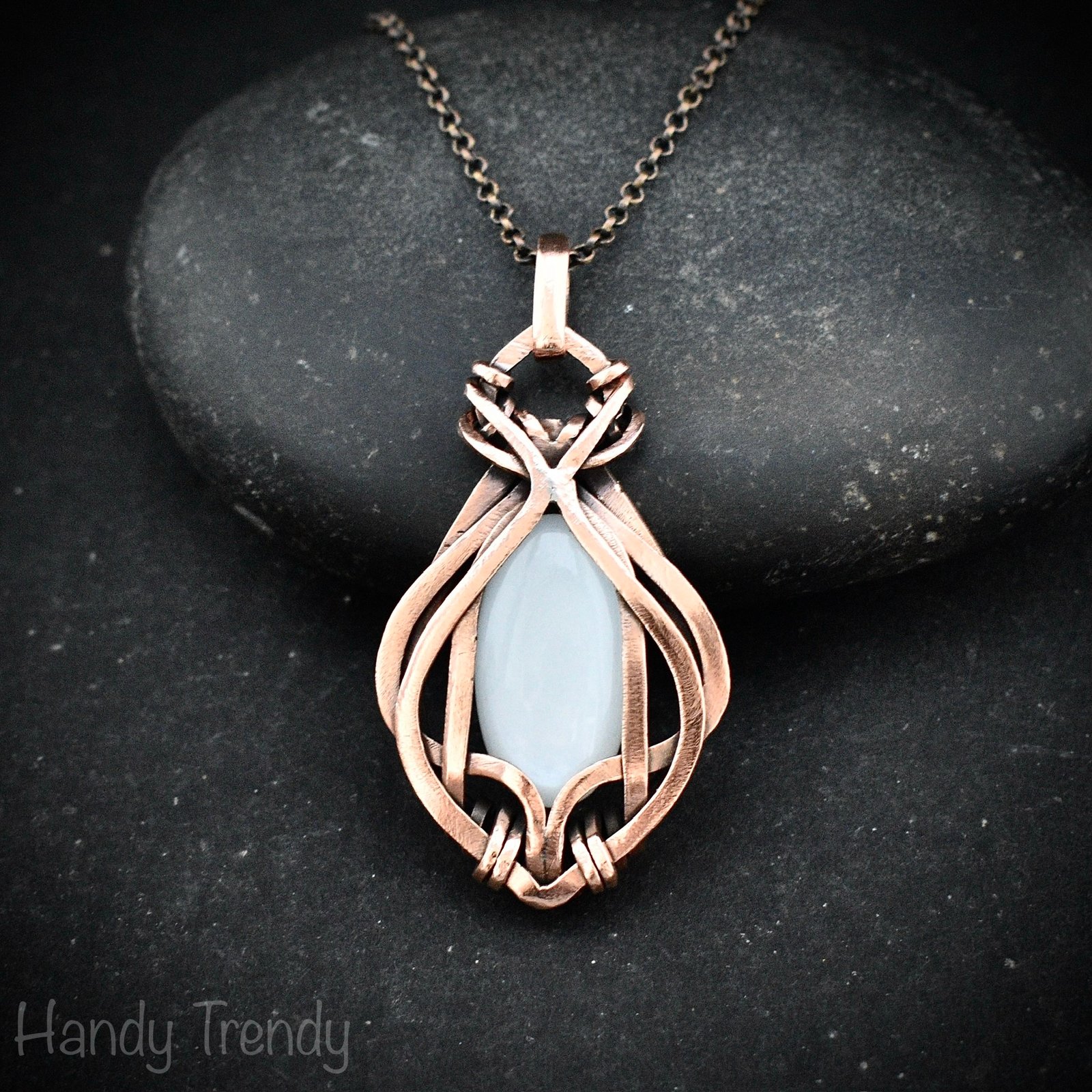 White moonstone pendant, Free-Flow copper wire wrapped necklace, Unique handmade gift, One of a kind artisan boho jewelry