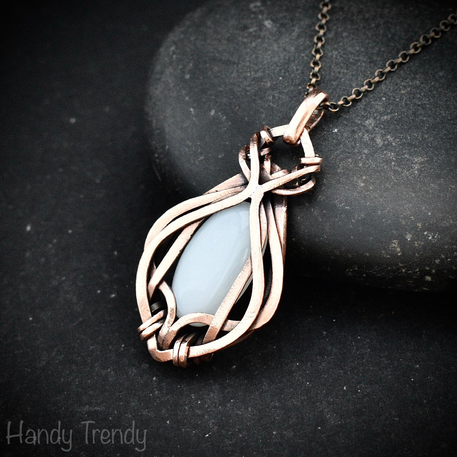 White moonstone pendant, Free-Flow copper wire wrapped necklace, Unique handmade gift, One of a kind artisan boho jewelry