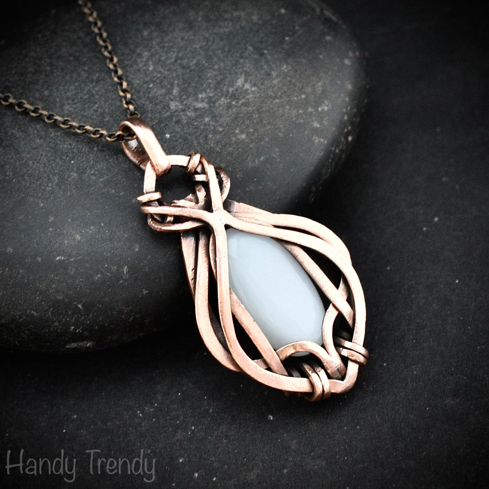 White moonstone pendant, Free-Flow copper wire wrapped necklace, Unique handmade gift, One of a kind artisan boho jewelry