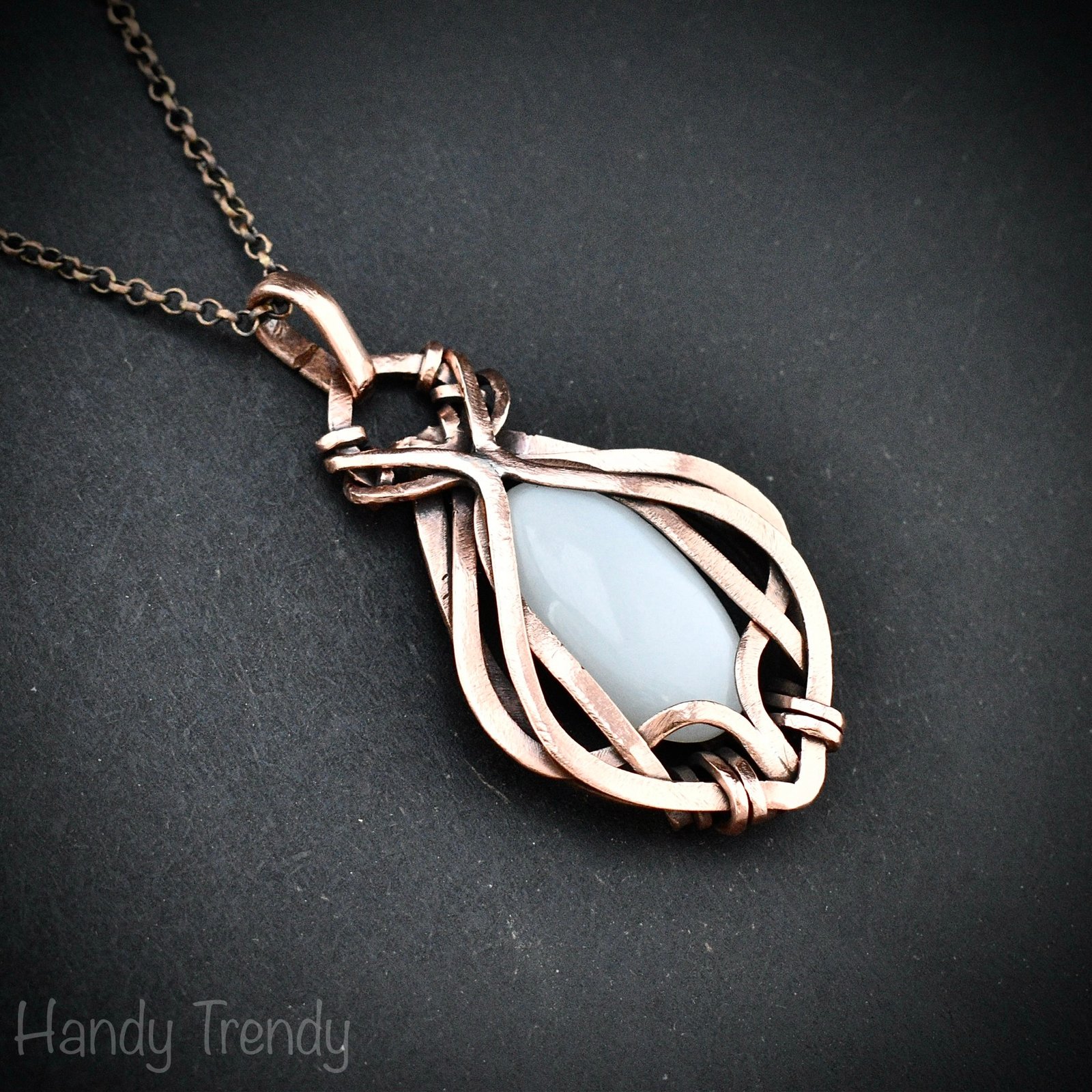 White moonstone pendant, Free-Flow copper wire wrapped necklace, Unique handmade gift, One of a kind artisan boho jewelry