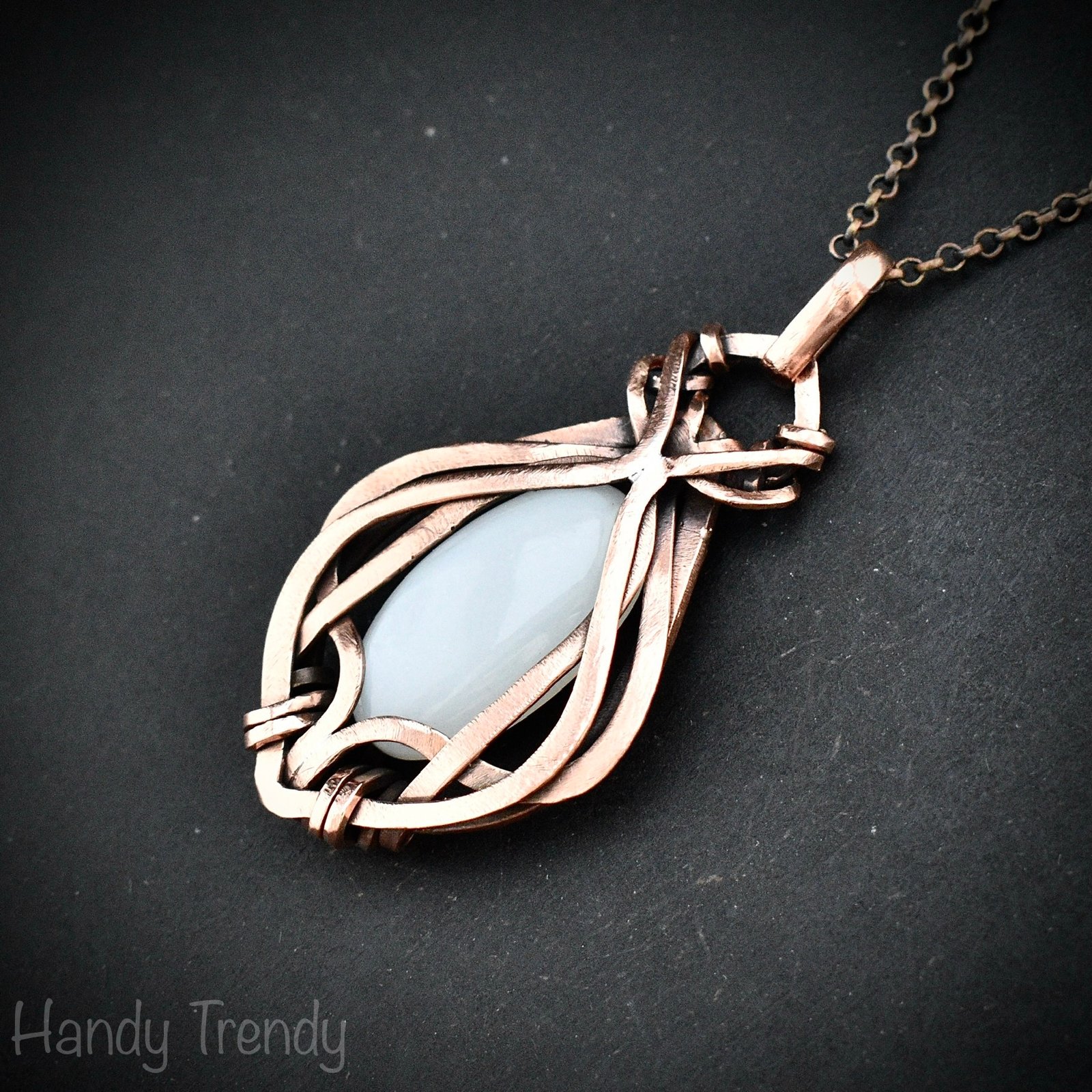 White moonstone pendant, Free-Flow copper wire wrapped necklace, Unique handmade gift, One of a kind artisan boho jewelry