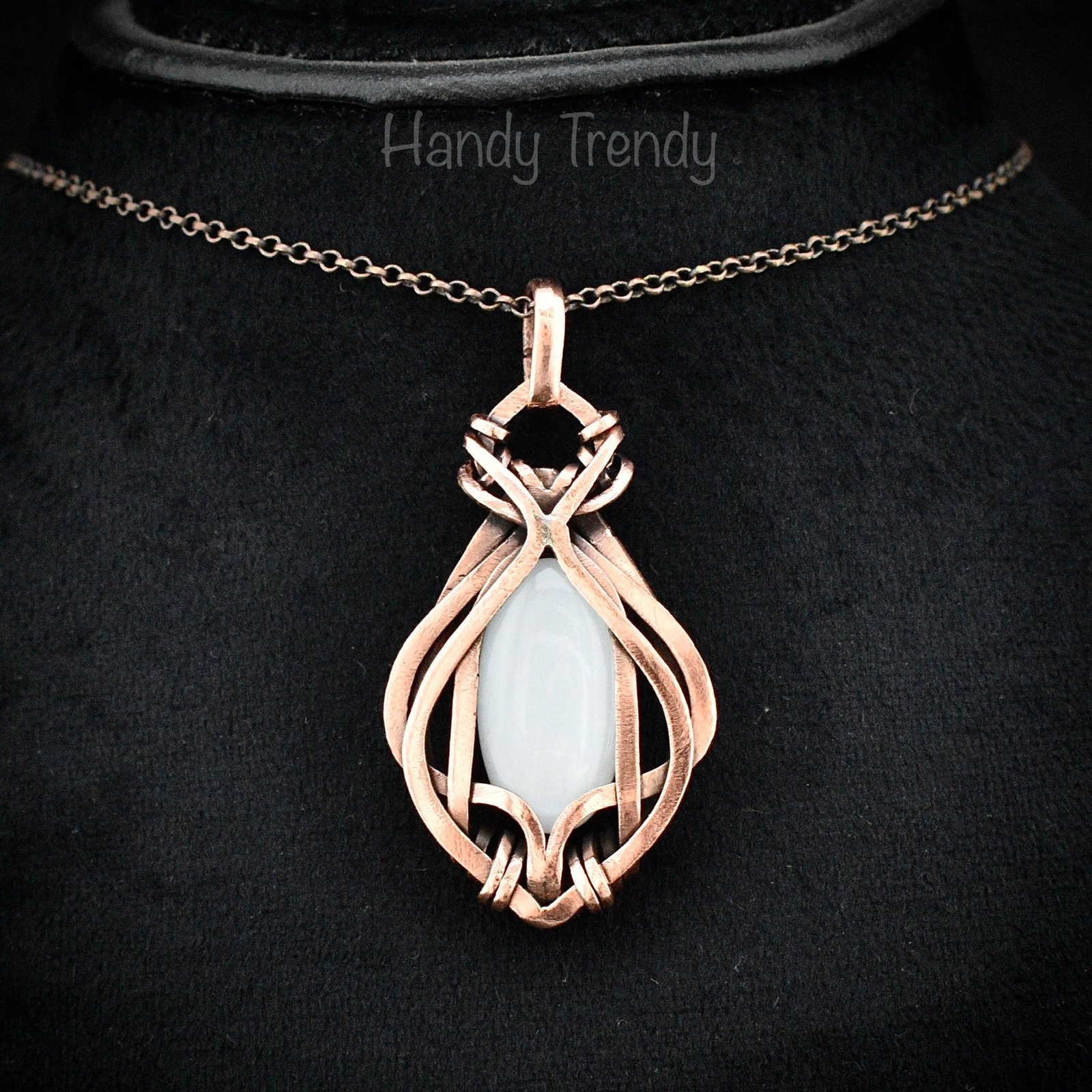 White moonstone pendant, Free-Flow copper wire wrapped necklace, Unique handmade gift, One of a kind artisan boho jewelry